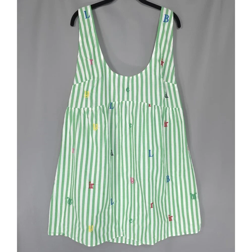 ANTHROPOLOGIE LYREBIRD Women’s New Sleep Dress Embroidered Stripe LARGE Green